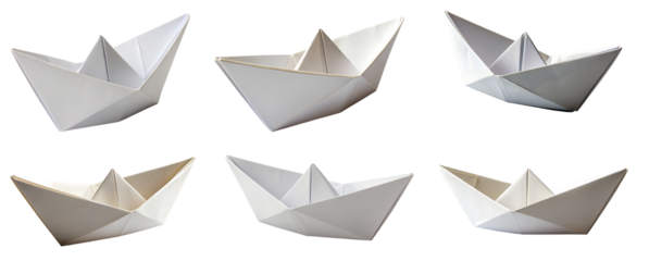 Set of paper ships on a transparent background. The origami concept, toy ships made of paper.