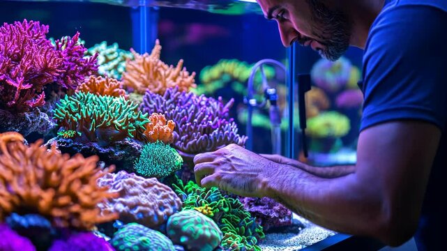 Enthusiast carefully tending to vibrant coral aquarium with precision and care