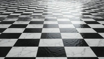 Naklejka premium Black and white checkered tiles, floor pattern, strong lighting contrast, sharp edges, photorealistic surface detail.