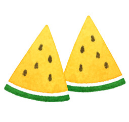 三角にカットされた二つの黄色いスイカのイラスト