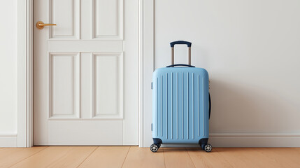 Blue travel suitcase standing next to white closed door on wooden floor in bright interior.