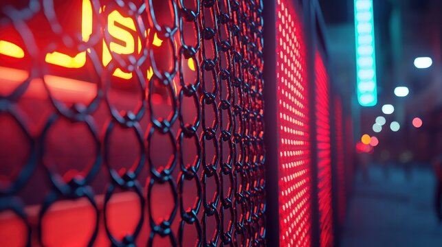 Glowing red panels behind a chain-link fence at night