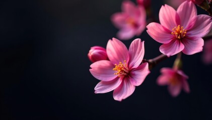 Inky black background, vibrant spring blossoms in sharp focus , vibrant, bloom