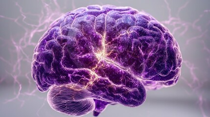 Glowing purple brain with electrical energy flowing around it