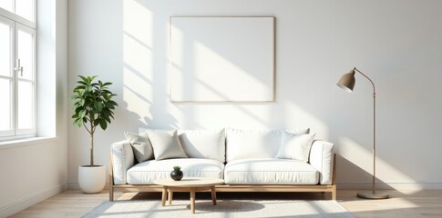 Minimalist white living room, blank poster on wall, background, home, light