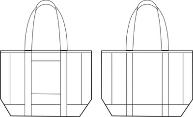 Structured Canvas Tote Bag with Double Handles and Exterior Pockets | Technical Fashion Illustration | Flat Bag Template CAD | Front and Back Views