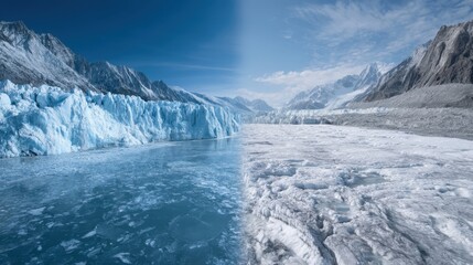 Contrasting ice formations showing temporary ice versus solid glacier in a stunning landscape