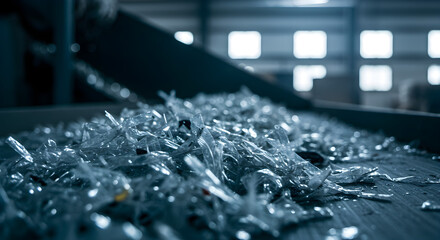 Naklejka premium Shredded Clear Plastic Pieces on Conveyor Belt for Recycling in Blue Industrial Setting Close Up