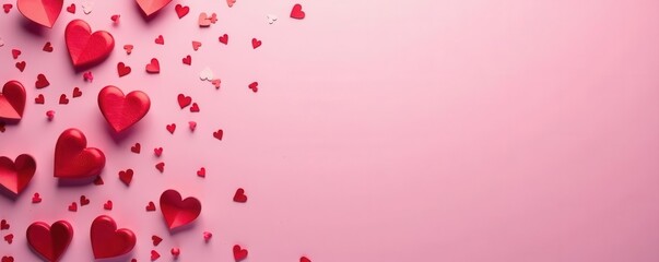 Pink vertical backdrop, blank card, scattered red hearts & confetti , romance, celebration