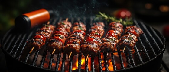 [Grilling Gatherings Barbecue gas] BBQ Grill with Charred Meats and Condiments, Outdoor Party Setup