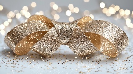 Naklejka premium Gold ribbon shines against blurred lights; festive backdrop
