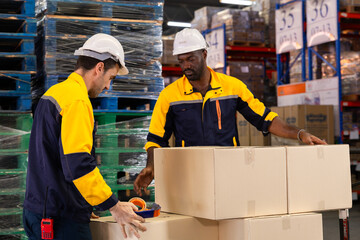 Warehouse operator maneuvers pallet jack to position stack of cardboard boxes for outgoing freight,...