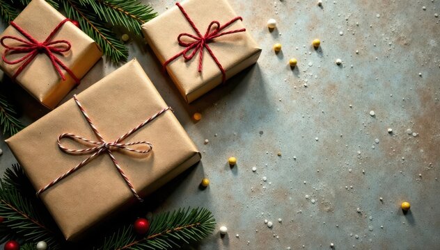 Retro Christmas parcels tied with twine, kraft paper , mail, winter