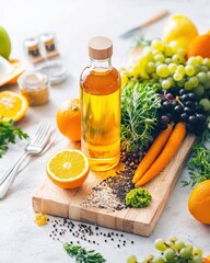 [Healthy food arrangement ideas inspiration] Healthy Home Cooking: Fresh Fruits & Veggies with Artisanal Oils & Vinegars