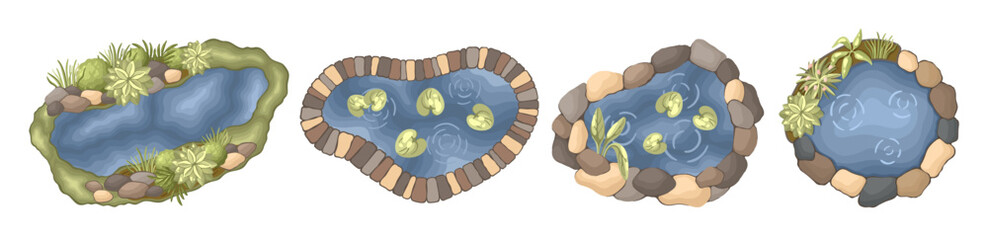 Decorative garder ponds top view. Entourage design for architectural floor plans. Vector.