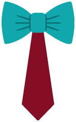 Colorful vector illustration of a red necktie with a teal blue bow tie on top, designed in a flat minimalistic style, ideal for Father's Day cards, fashion icons, or accessories graphics.