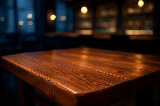 Close-up on a warm, textured wooden table surface with blurred background lights, creating a cozy, inviting atmosphere