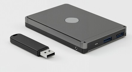 USB flash drive and external hard drive on a neutral background  