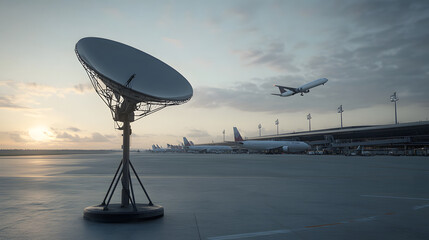 Large satellite dish stands prominently in foreground at busy airport during sunset, with multiple airplanes parked and one plane taking off under cloudy sky