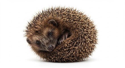 丸まったハリネズミ 白い背景で穏やか This translates roughly to: "Curled-up hedgehog, calm against a white background." It uses simple words and is under the character limit.. AI Generated