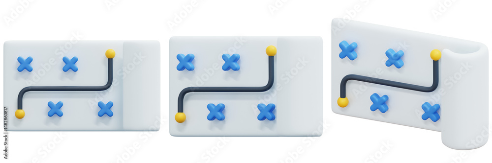 Poster set of abstract circuit diagram with blue and yellow nodes 3d render icon illustration