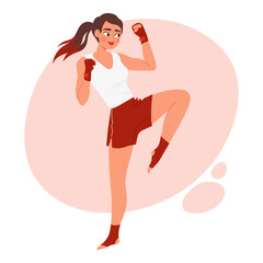 Young woman practicing Muay Thai knee strike. Female fighter in sports outfit performing martial arts move. Flat vector illustration of martial arts, fitness, and active lifestyle
