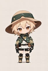 Minimalist chibi desert ranger character design, full body, isolated on white background.