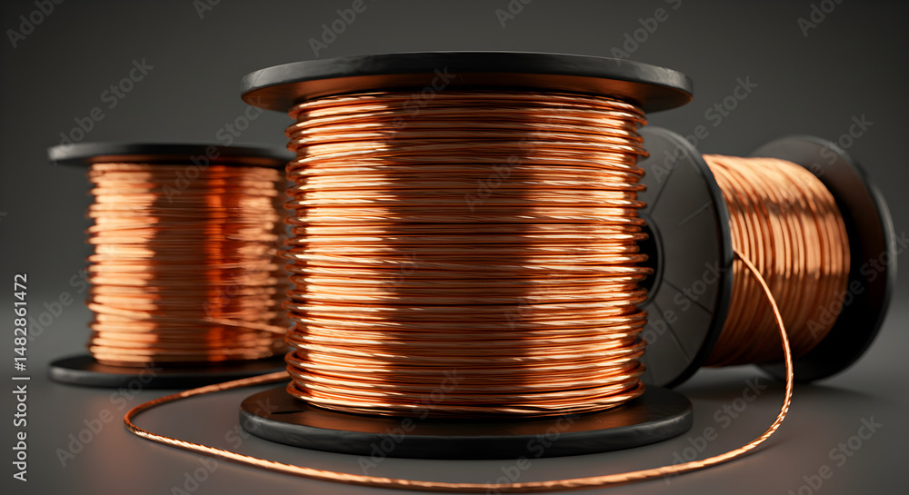Poster three spools of shiny copper wire on dark gray background showing metallic texture and cylindrical s