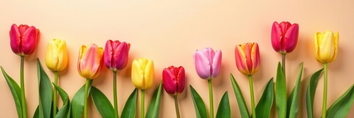 Fototapeta premium Soft beige background, colorful tulips arranged Ideal for spring or Mother's Day card , greeting card, springtime, beautiful