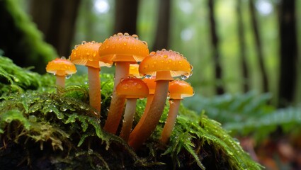 Vibrant Orange Mushrooms on Lush Green Moss