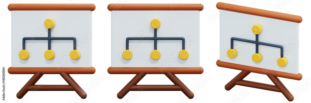 Poster set of three 3d rendered whiteboards displaying an organizational chart 3d render icon illustration
