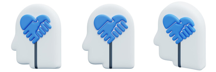 Set of Profile Views of a Head with a Blue Handshake Heart Symbol 3d Render Icon Illustration