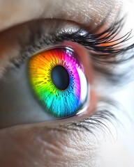 [Human Eye Rainbow Coloration] Vibrant Rainbow Iris Close-Up: Unnatural Color Spectrum Digital Art Effect