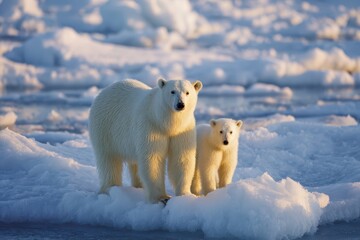 Polar Bear Mother and Cub on Ice Floe, Arctic Wilderness Scene with Snow and Blue Tones