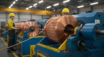 Fototapeta premium Two Worker Operate Copper Wire Winding Machine in Blue and Yellow Hardhats in Factory with Industrial Equipment