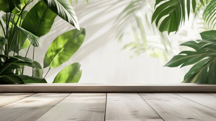 3D render close up empty fine wooden table top with green tropical banana leaves plant, beautiful morning sunlight and leaves shadow on blank beige wall in background. Products display backdrop, Spa.
