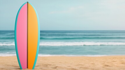 A colorful surfboard stands upright on sandy beach with ocean waves in the background under a clear sky.