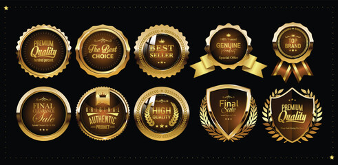 olden luxury labels and banners, gold badge vector .premium quality certificate seal ribbons, Shield, VIP, super quality sticker tags and banners for best product seals, top no 1 brand golden crown