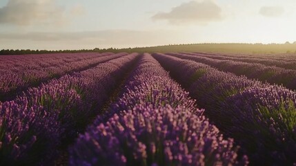 Naklejka premium Lavender dreamscape: Rows of fragrant blooms stretching towards a hazy sunrise