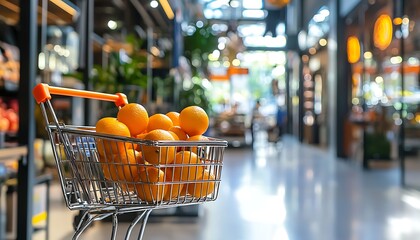 Shopping cart with oranges in grocery store
