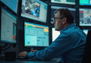 Data center server control. System security specialist with multiple displays, man working in data information protection and cyber security in monitoring room