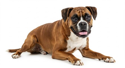 Obraz premium 白い背景で穏やかに横たわる茶色のボクサー犬. AI Generated