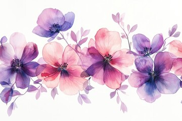 Obraz premium Elegant Watercolor Floral Pattern with Pink and Purple Flowers on White Background for Artistic and Decorative Use
