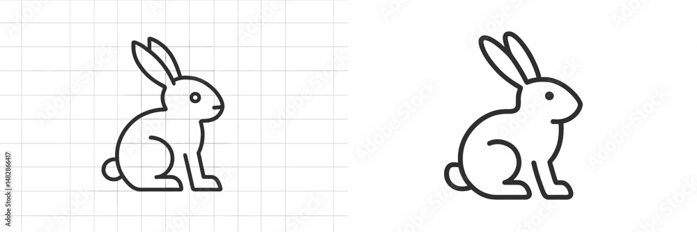 Poster simple line art of a rabbit sitting in a grid layout, showcasing distinct shapes and smooth curves, 