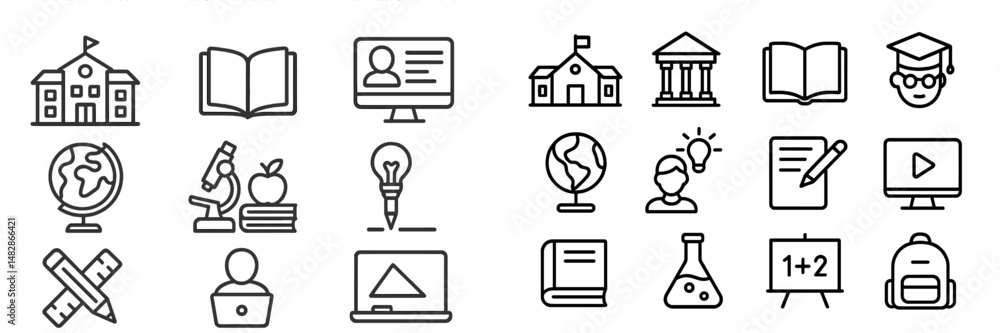 Poster educational icons representing various school subjects, activities, and tools used for learning and 