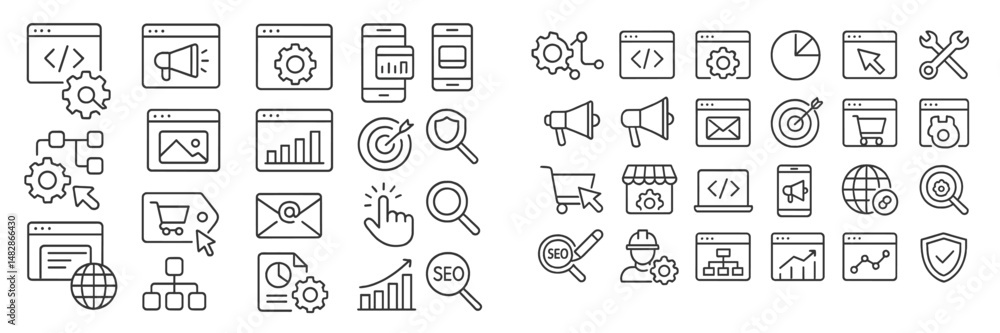 Aufkleber Web design and development elements showcasing technology concepts hand-drawn in black and white for digital marketing and SEO projects