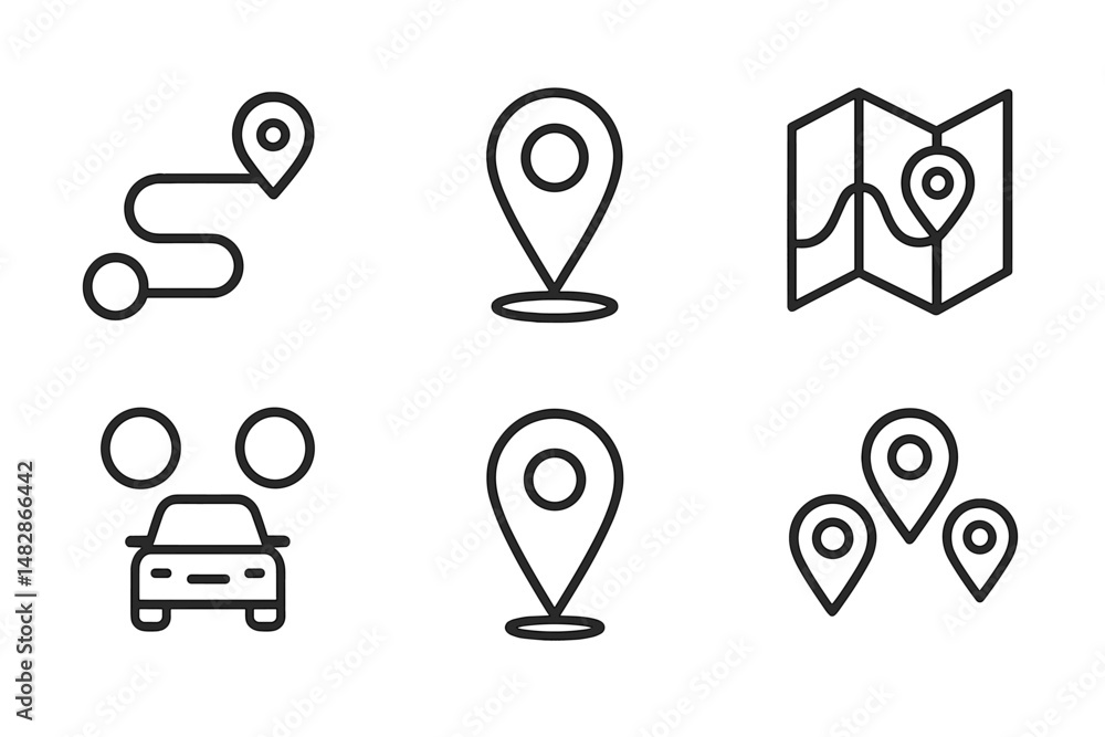Poster route navigation icons and map markers featuring points and paths in a minimalist style for travel p
