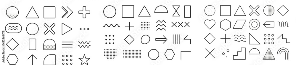 Poster various geometric shapes and patterns in a minimalistic design displayed in black and white on a whi