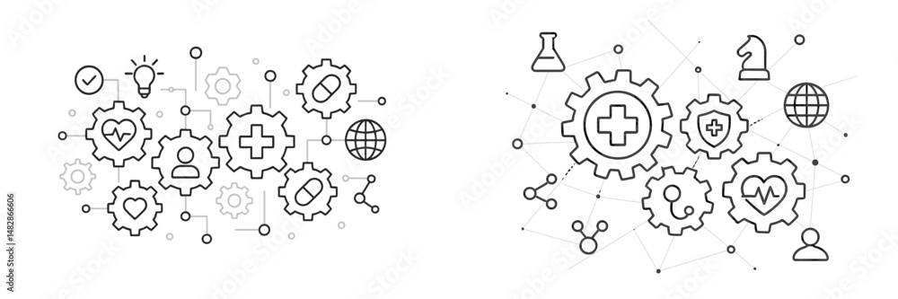 Poster innovative healthcare technology concepts illustrated through interconnected gears and symbols in a 