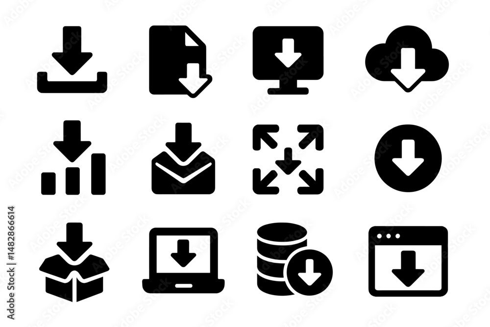 Poster download icons representing various digital activities and file management options in a simple black